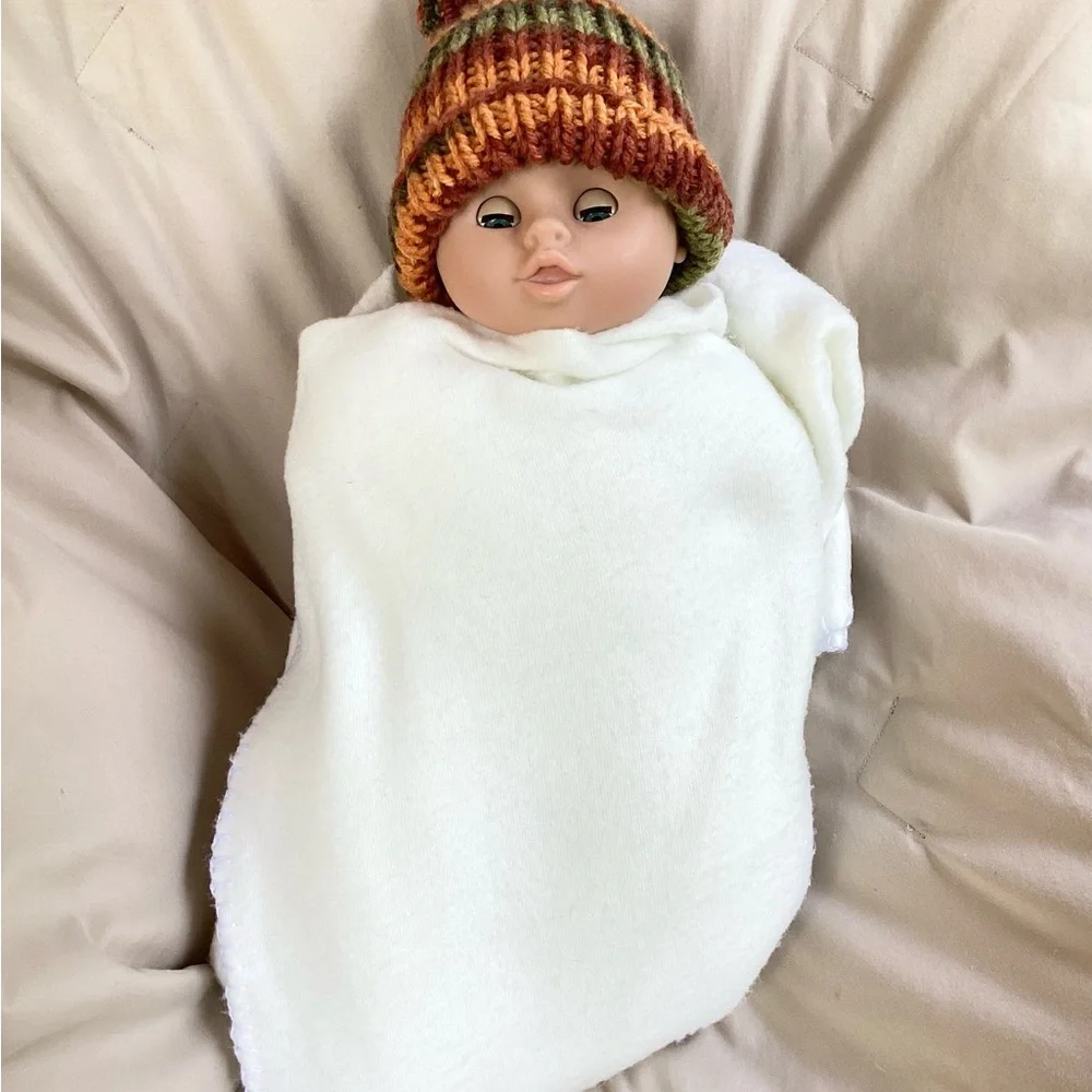 Hat Beanie Hand Crafted Baby Pom Pom Knit Green Rust Orange Knit Fall